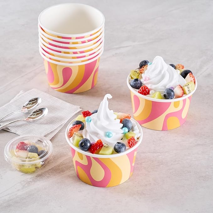 Coppetta 8 Ounce Dessert Cups, 200 Greaseproof Ice Cream Cups - Lids Sold Separately, For Hot And Cold Foods, Tropical Twist Paper Yogurt Bowls, Disposable, Sturdy - Restaurantware