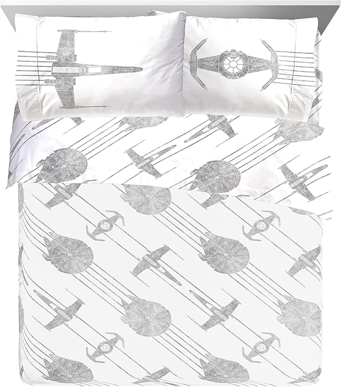 Jay Franco Kids Sheet Set with Fitted, Flat Sheets & Pillow Cover - Ultra-Soft Bedding with Pillowcase for Room Decor, White - Star Wars, 4 Piece Queen