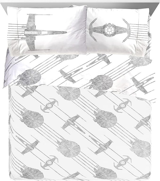 Jay Franco Kids Sheet Set with Fitted, Flat Sheets & Pillow Cover - Ultra-Soft Bedding with Pillowcase for Room Decor, White - Star Wars, 4 Piece Queen