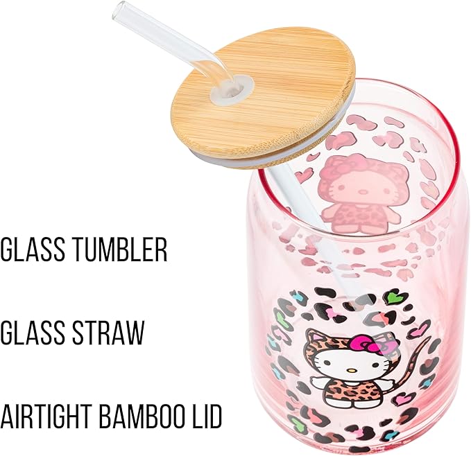 Silver Buffalo Sanrio Hello Kitty in Leopard Print Outfit and Leopard Cat Print Pattern Pink Glass Jar Tumbler with Bamboo Lid and Glass Straw, 16 Ounces
