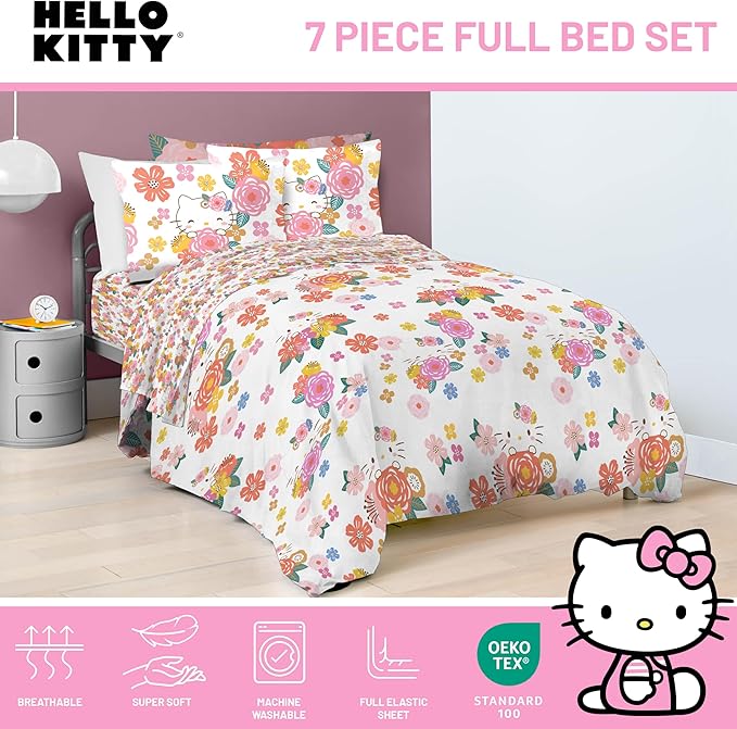 Jay Franco Hello Kitty Full Size Comforter Set - 7 Piece Bedding Includes Sheet Set & Pillow Covers - Super Soft Floral Bedding