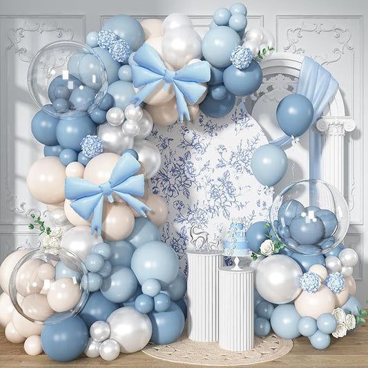 Dusty Blue Balloon Garland Arch Kit, 107PCS Dusty Fog Blue and White Balloons with Bow Balloon Decor for Coquette Birthday Baby Bridal Shower Wedding Party Decorations