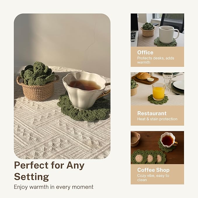 DICHA Crochet Leaf Pot Coasters-Container Beverage Coaster Sets with Holder Bar Coasters for Drinks Coffee Table Desk-Succulent Plant Pot Coaster-Set of 5