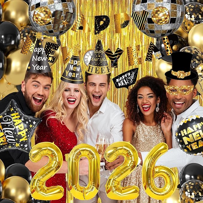 MEHOFOND Happy New Year Party Decoration Supplies 2026 Banner Fringe Curtains, Foil Balloon, Photo Booth Props, Hats, New Years Eve Black and Gold for Kids Adults Photography Kit