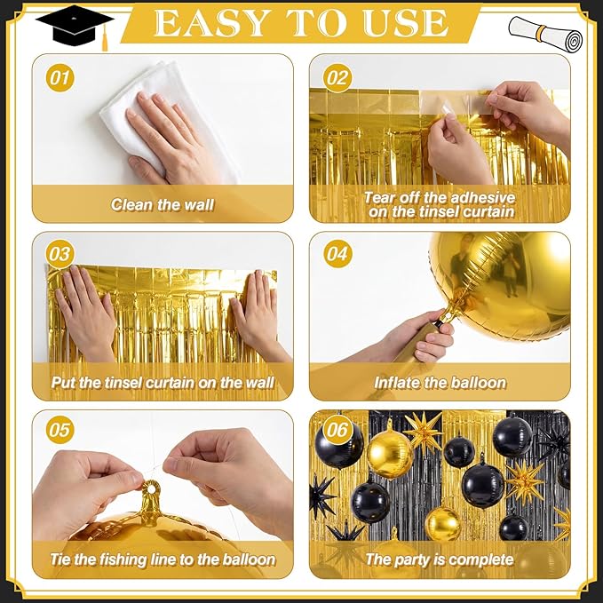 Seenelling 25 Pcs Black and Gold Graduation Party Decorations 2026 Sets 22 Inch 4d Large Stars Balloons with Metallic Tinsel Foil Fringe Backdrop Curtains for Roaring 20s Party Birthday Wedding Decor