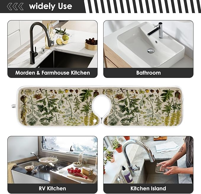 Kitchen Faucet Absorbent Mat, Antique Botanical Water Splash Guard for Sink, Faucet Drip Catcher Thicken Sponge Microfiber Faucet Water Catcher Mat Sink Absorbent Mat for Kitchen 30x5in 2 Pack
