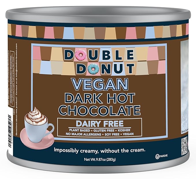 Double Donut Coffee Dark Vegan Hot Chocolate, Rich Dark Chocolate Hot Cocoa, Gluten Free, Dairy Free Hot Chocolate Mix for Velvety Smooth Vegan Hot Cocoa Mix, 9.87 Ounce Canister