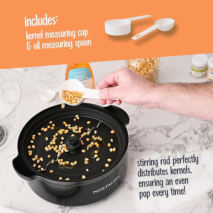Nostalgia Non Stick Stirring Popcorn Maker for 24 Cups of Theatre Style Popcorn with Hot Oil - Dual-Use Lid & Serving Bowl - Quick Heat Technology & Cool Touch Handles - Ez Store - Black