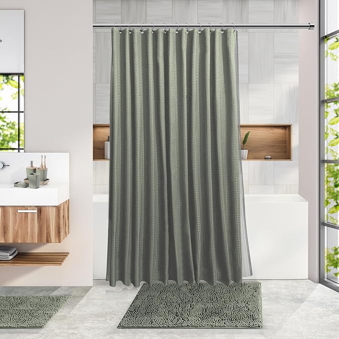 Clara Clark Bathroom Accessories Set - Bathroom Set, Bathroom Sets with Shower Curtain and Rugs, Shower Curtain Set with Trah Can - Sage Green - 22PC