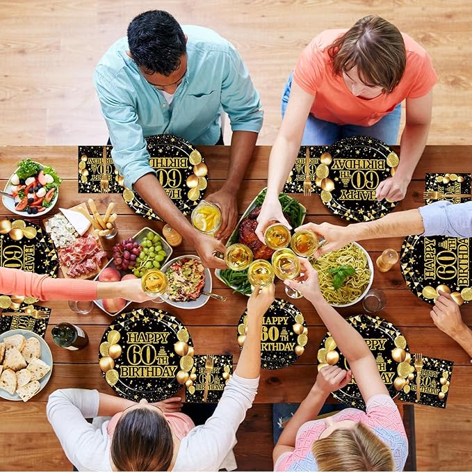 Kepeel 200Pcs 60th Birthday Party Tableware Set, Back in 1966 Birthday Party Decorations Supplies for Men Women Cheers to 60 Years Disposable Paper Plates Napkins Forks Favors, Serve 50