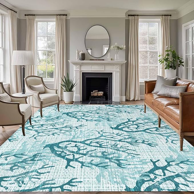 Area Rug 8x10ft, Coastal Sea Coral Retro Linen Washable Rugs for Living Room Bedroom, Underwater Ocean Life Soft Non-Slip Area Rugs Rectangle Floor Carpet for Dining Room
