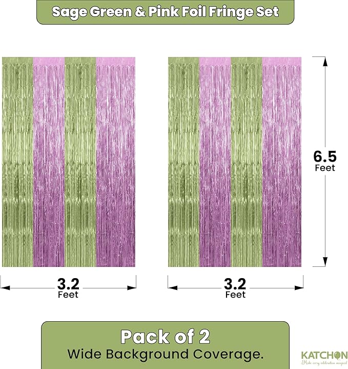 KatchOn, Sage Green & Pink Fringe Backdrop Curtain - Pack of 2 | Fringe Curtains for Boho Birthday Engagement Anniversary Baby Shower Bachelorette Decorations Sage Green and Pink Party Decorations