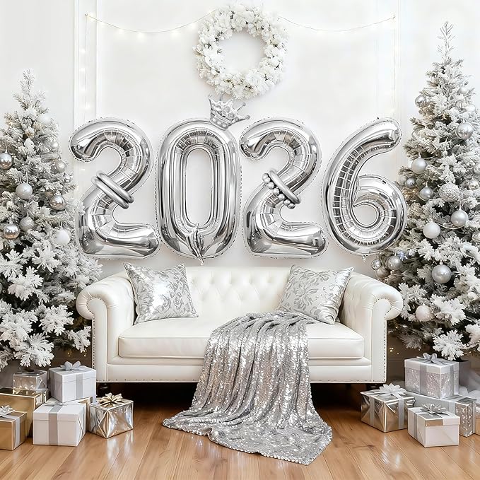 2026 Balloons Silver,40 Inch 2026 Number Balloons with Foil Crown Balloons for Happy New Year Decorations New Years Eve 2026 Graduation Decorations Class of 2026 Party Supplies
