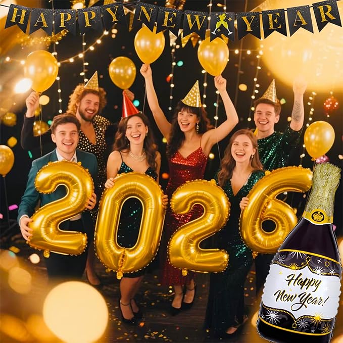 New Years Decorations 2026 Kit, Happy New Years Eve Party Supplies 2026, New Year Balloon Party Set with 2026 Foil Balloons, Happy-New-Year Banner, Fringe Curtain for 2026-New-Year Decoration