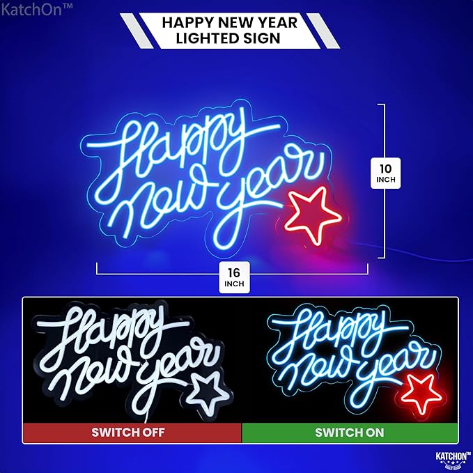 KatchOn, Blue Happy New Year LED Sign - 16x10 Inch | Happy New Year Neon Sign | Happy New Year Lighted Sign for New Years Eve Party Supplies 2026 | Happy New Year Light Up Sign for New Years Decorations 2026