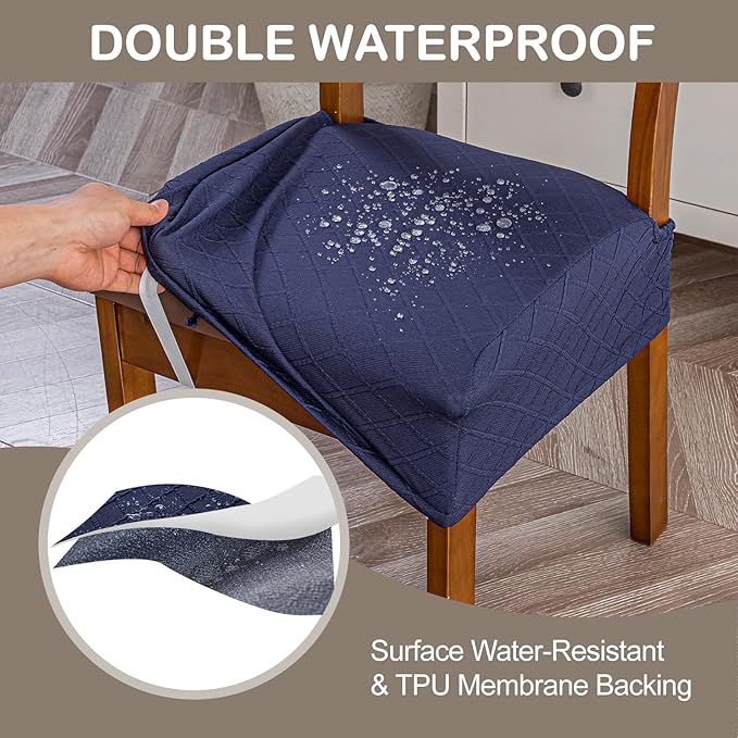 Genina Waterproof Seat Covers for Chairs,Set of 2 Dining Room Chair Seat Covers for Kitchen,Stretch Jacquard Removable Washable Dining Chair Slipcovers Protectors,No Rear Covers, Navy Blue