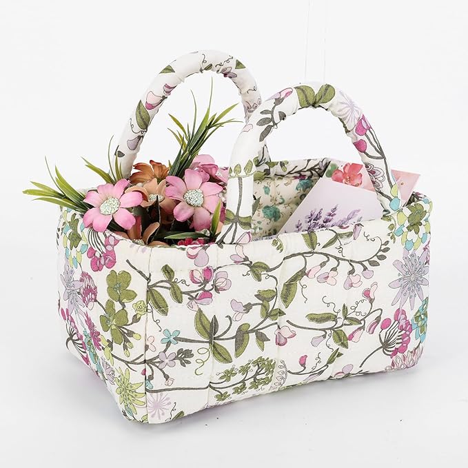 Quilted Fabric Storage Basket Floral Baby Diaper Caddy Quilted Basket for Nursery Bedroom Car Storage