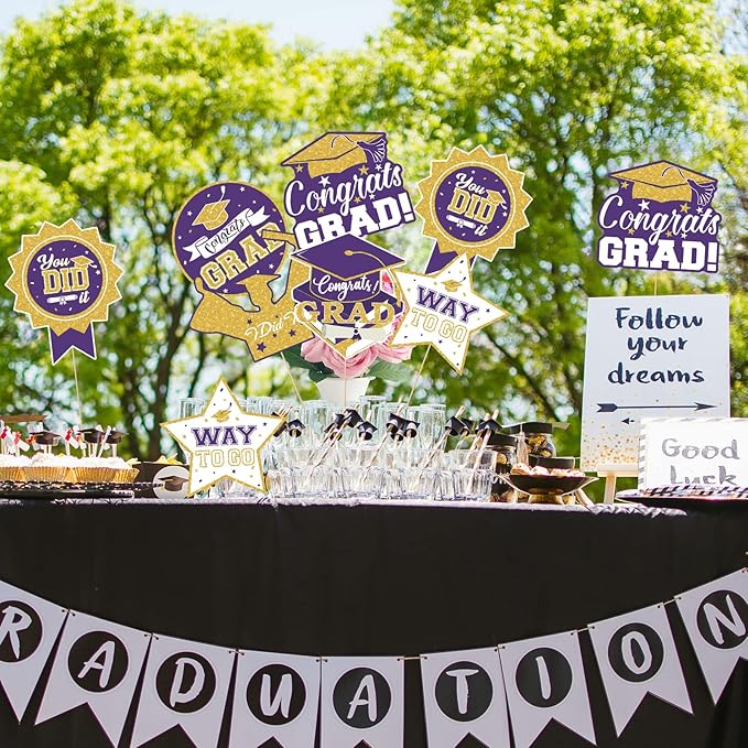 2026 Graduation Party Decorations - 24 Pcs Class of 2026 Congrats Grad Table Centerpieces Graduation Table Decorations Sticks Table Toppers for Graduation Party (Purple Gold)