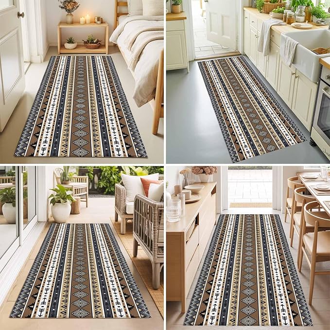 Runner Rug for Bedroom Hallway, Boho Tribal Stripes Kitchen Runner Rugs Area Rug 2x6ft, Ethnic Borders Arrow Motifs Washable Soft Floor Carpet for Entryway Stair