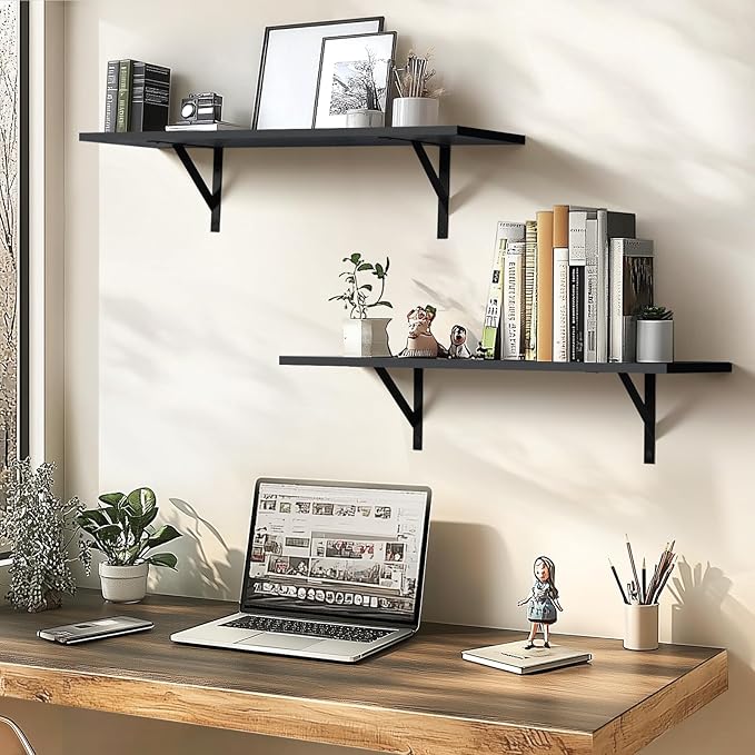 Tectocker-DOU Heavy Duty Long Wall Shelves Set of 2, Floating Shelves Wall Mounted with Industrial Brackets, 40lbs Capacity Shelves for Laundry Room, Kitchen, Bathroom, Living Room (31.5"*8",Black)