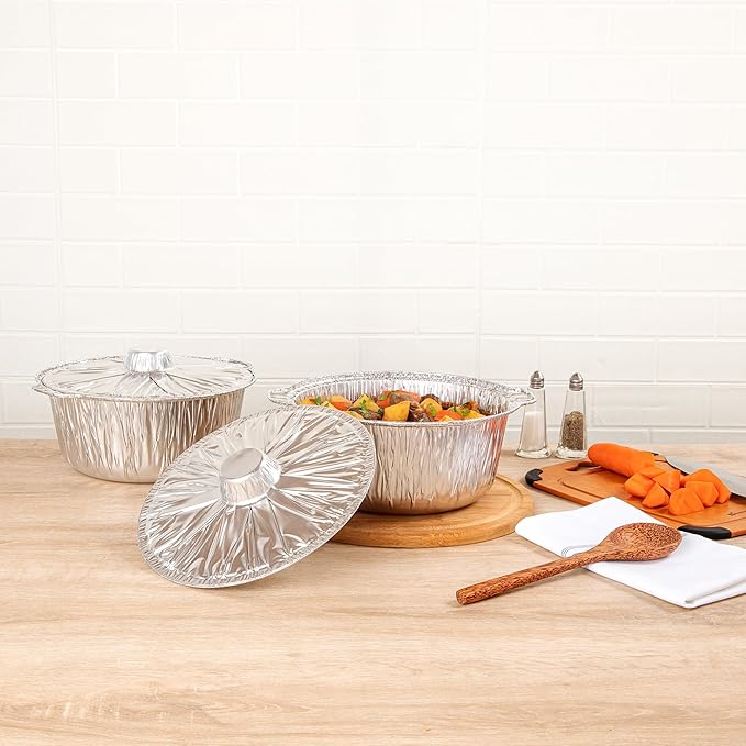 Foil Lux 3.5 Quart Pans And Lids, 100 Disposable Pots With Lids - Oven-Ready, Stove Compatible, Aluminum Foil Baking Pans, Freezable, For Outdoor Camping, Vacation, Picnic, And More - Restaurantware