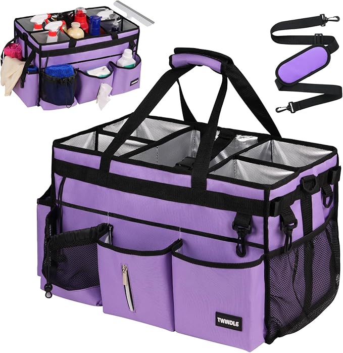 Large Cleaning Caddy Bag With Detachable Divider,Caddy Organizer With Handle,Cleaning Supply Storage With Adjustable Shoulder Strap & Waist Belt For Cleaners,Cleaning Housekeepers