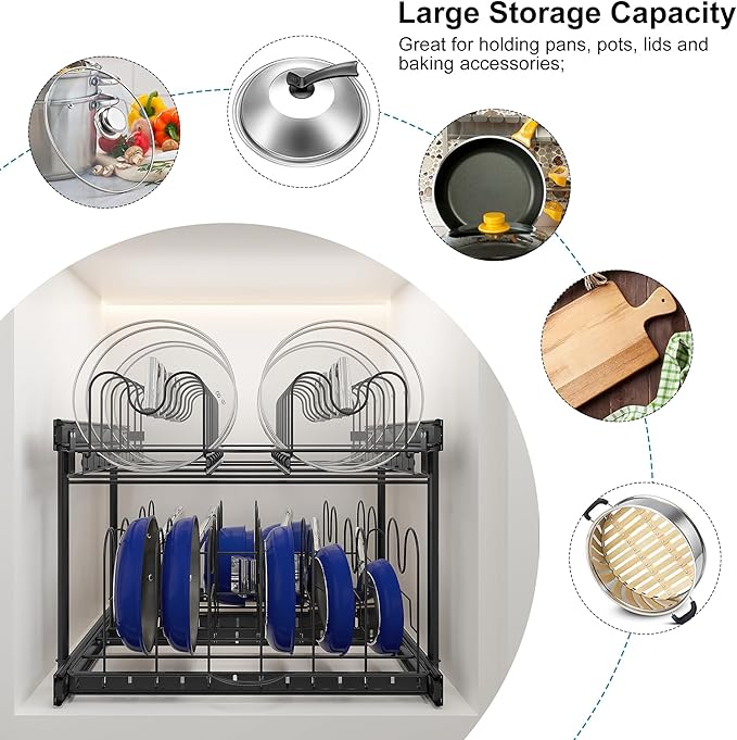TQVAI Pots and Pans Organizer, Full-Extension Pull Out Cabinet Organizer, Slide Out Drawers for Kitchen Cabinets with Adjustable Dividers, Request at Least 23.5" W x 23.5" D x 23.5" H OpeningBlack