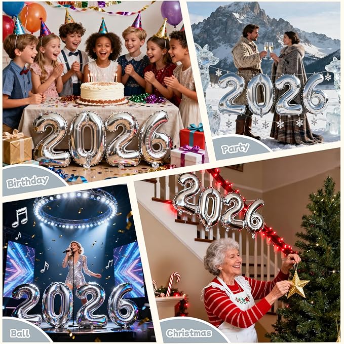 Silver 2026 Balloons, 16 Inch Foil 2026 Number Balloons, Grad Balloons for Class of 2026 Graduation Party, Silver Matellic Foil New Year Birthday Home Office Party Supplies