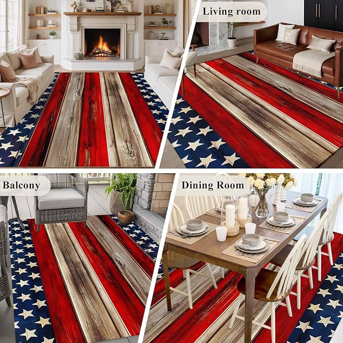 Area Rug 6x9ft, Vintage Stripes and Stars Washable Rugs for Living Room Bedroom, Patriotic 250th Anniversary Soft Non-Slip Area Rugs Rectangle Floor Carpet for Dining Room