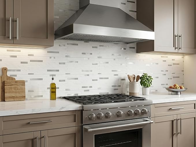 Yipscazo 20 Sheets Peel and Stick Stone Metal Tile Backsplash, Stick on Tiles for Backsplash Kitchen, Bathroom, Laundry Room, Camper, Fireplace (12'' X 12'', White Stone with Metal)