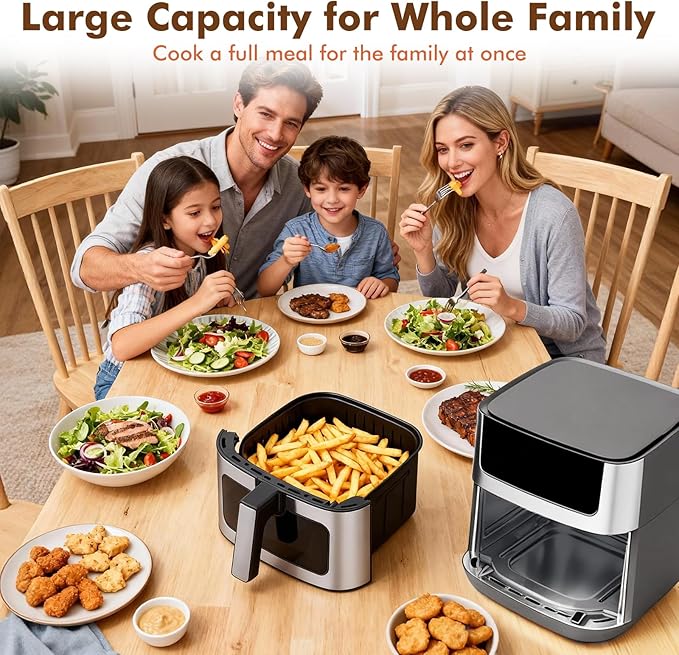 Sweetcrispy 6.34QT Air Fryer, 8-in-1 Air Fryers Oven with Visible Window, 400℉ Fast Heating, Nonstick Dishwasher-Safe Basket, Timer & Auto-Off, Stainless Steel, Grey