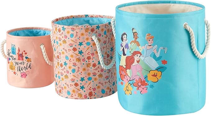 Disney Princess 3 Piece Fabric Storage Basket Set, Nestable Toy Storage Bins with Rope Handles, Kids Bedroom & Nursery Organizer