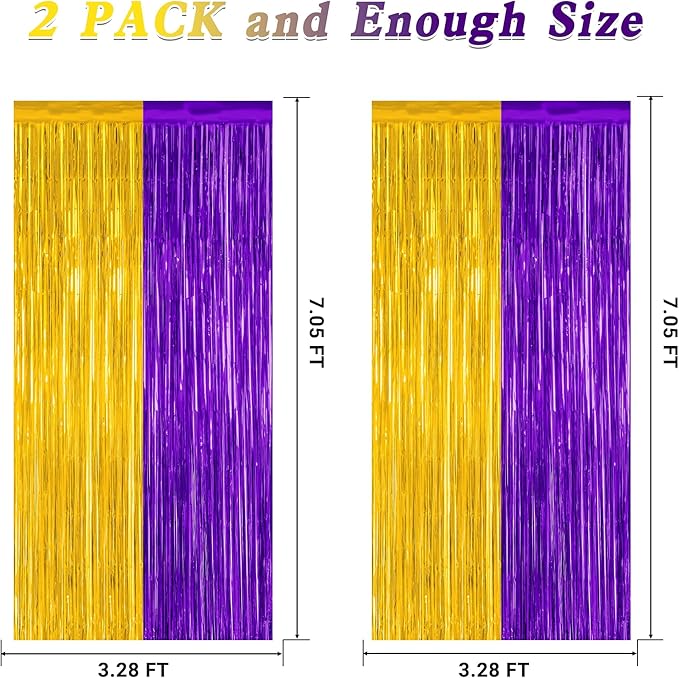 2 Pack Graduation Backdrop, 3.28 FT x 7.05 FT Grad Party Decorations 2026, Purple Gold Backdrop Foil Fringe Curtains, Metallic Purple and Gold Graduation Decorations Class of 2026 Decor