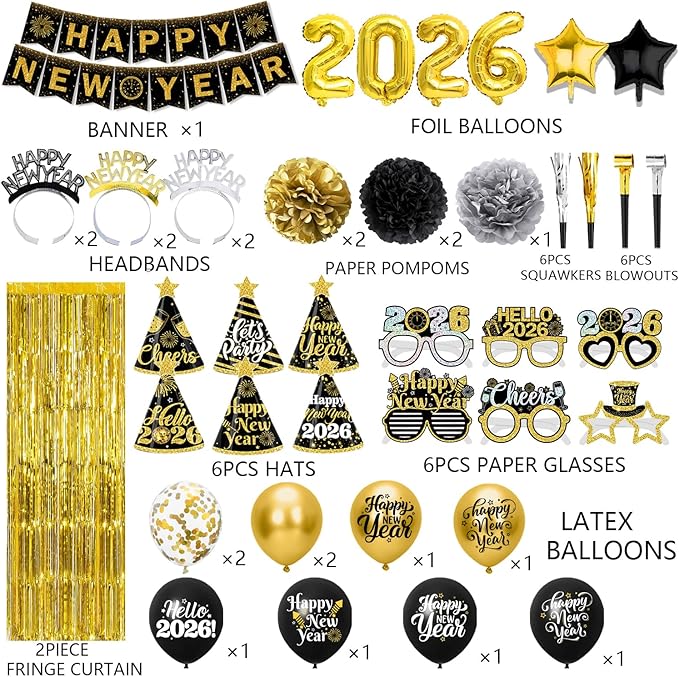 New Year Decorations 2026 - Black Gold Happy New Year Party Supplies Set include Banner, Balloons, Hats, Headbands, Glasses, Blowouts and Squawkers