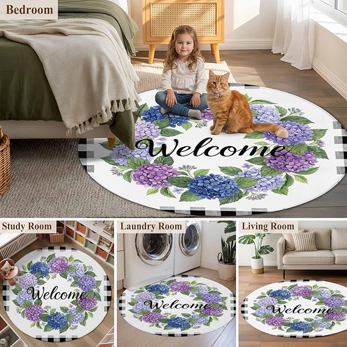 Washable Round Area Rug Summer Hydrangea Leaf Circle Rugs Floor Carpet for Living Room Bedroom, Purple Blue Flower Buffalo Check Soft Non Slip Round Rug 3ft
