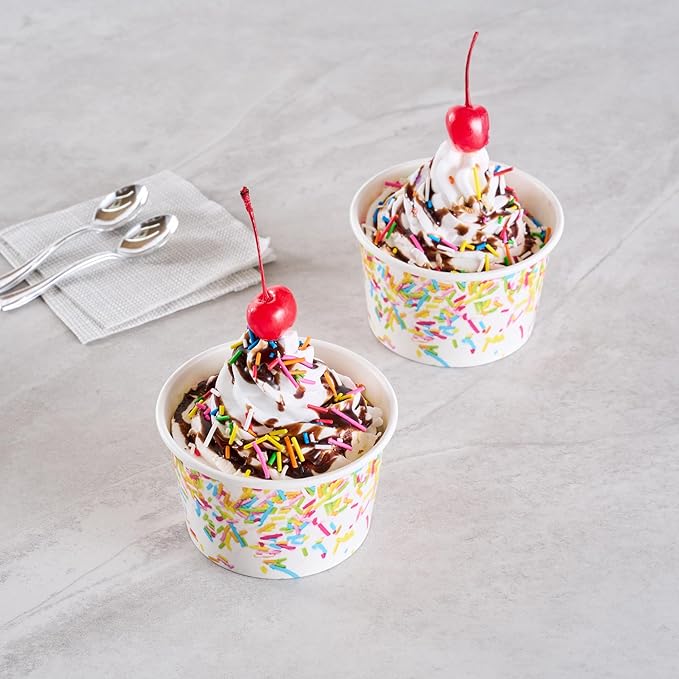 Coppetta 8 Ounce Dessert Cups, 50 Greaseproof Ice Cream Cups - Lids Sold Separately, For Hot And Cold Foods, White Paper Yogurt Bowls, Party Sprinkle Design, Disposable, Sturdy - Restaurantware