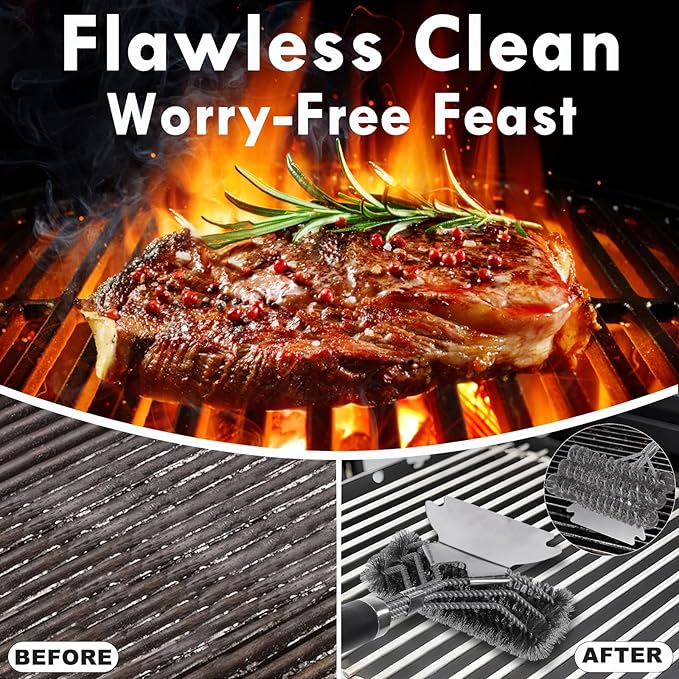 18" Heavy Duty BBQ Grill Brush and Scraper Set, 2-in-1 Safe Bristle Free Grill Cleaner & Strong Wire Brush, Professional Grill Scraper for Outdoor Gas Charcoal Grills, Deep Cleaning BBQ Tools