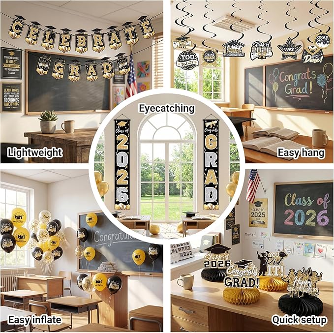 Black and Gold 2026 Graduation Party Decor Kit-Includes Backdrop, Banner, Balloons, Hanging Swirls & Honeycomb Centerpieces for Class of 2026 -Full Set for High School and University Graduation Events