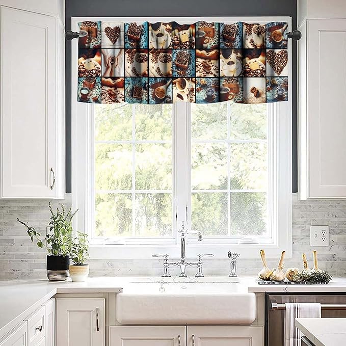Coffee Curatin Valance, Rustic Beans Cups Coffee Lover Short Window Treatment for Cafe Kitchen Bedroom Living Room, 54x18Inch