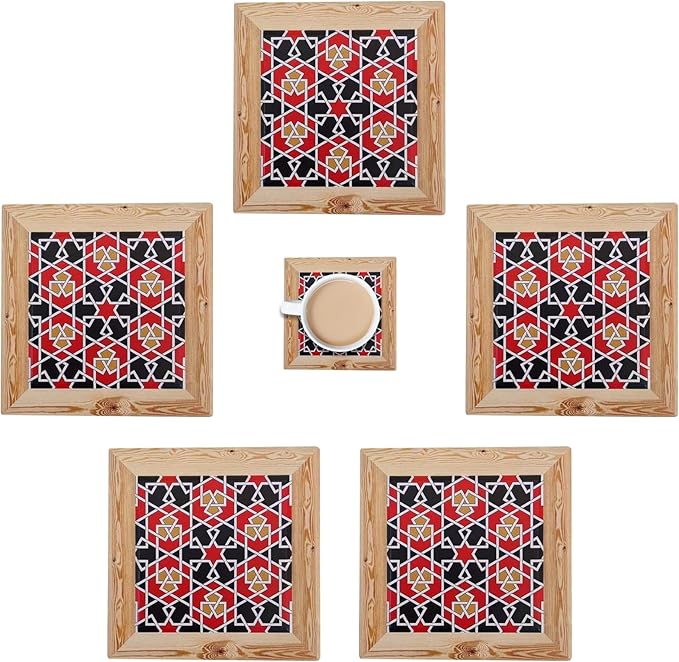 5-Pack Square Ceramic – Heat-Resistant Stone Drink Mats for Table, Modern Design for Coffee Table, Home Decor or Housewarming Gift (Bold Geometric Mosaic with Red and Black Tones)