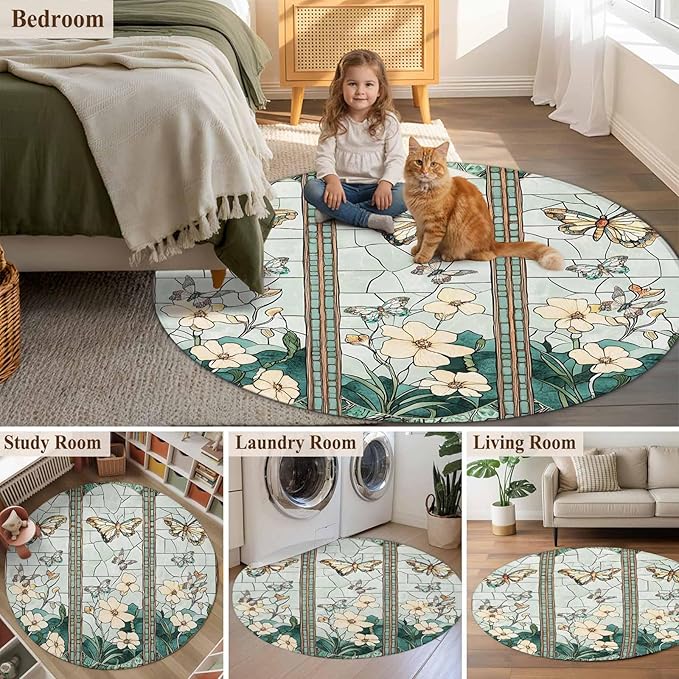 Washable Round Area Rug Spring Flower Colorful Butterfly Circle Rugs Floor Carpet for Living Room Bedroom, Vintage Green Plant Soft Non Slip Round Rug 4ft