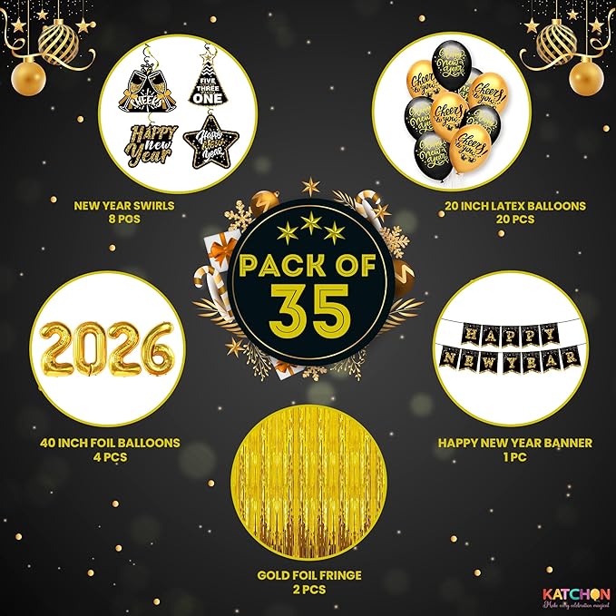 KatchOn, Huge New years Decorations 2026 Set - Pack of 35 | Gold Fringe, Black and Gold Happy New Year Banner, 2026 Balloon Numbers | New Year Foil Balloons, Swirls | New Years Eve Party Supplies 2026