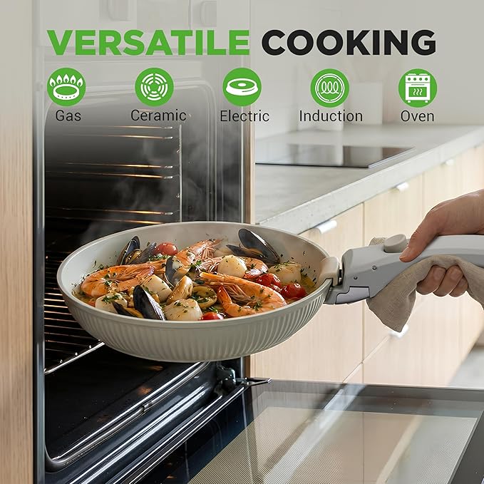 NutriChef 18-Piece Ceramic Cookware Set with Detachable Handles, Space-Saving Nonstick Pots, Pans & Lids, Oven-Safe Bowls, Stackable Storage, Includes Cooking Utensils & Accessories (Green)