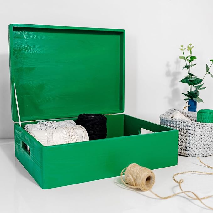 Creative Deco XL Green Wooden Box Storage with Hinged Lid | 15.8x11.8x5.5in (+-0.5) | Keepsake with Handles | Gift Box for Tool Dog Toy Kitchen Storage | Wood Chest Trunk
