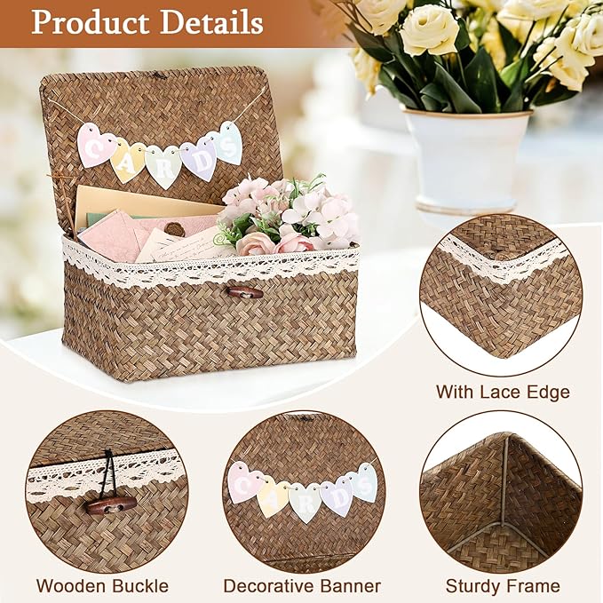Hipiwe Wedding Card Basket Box Decorative Cards Holder with Letter Flag Handwoven Seagrass Basket Card Receiving Box for Wedding Reception, Baby Shower, Birthday Party, Graduation, Coffee Color