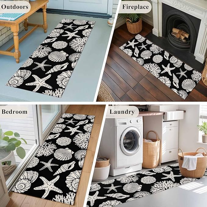 Runner Rug for Bedroom Hallway, Marine Starfish Shell Conch Kitchen Runner Rugs Area Rug 2x6ft, Ocean Life on Black Washable Soft Floor Carpet for Entryway Stair