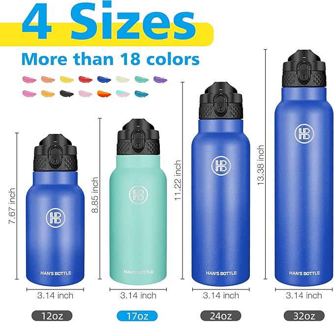 Han's Bottle Kids Water Bottle with Straw Lid - Insulated Stainless Steel Reusable Tumbler for Girls,Boys,Thermo Mug,17oz,Sky