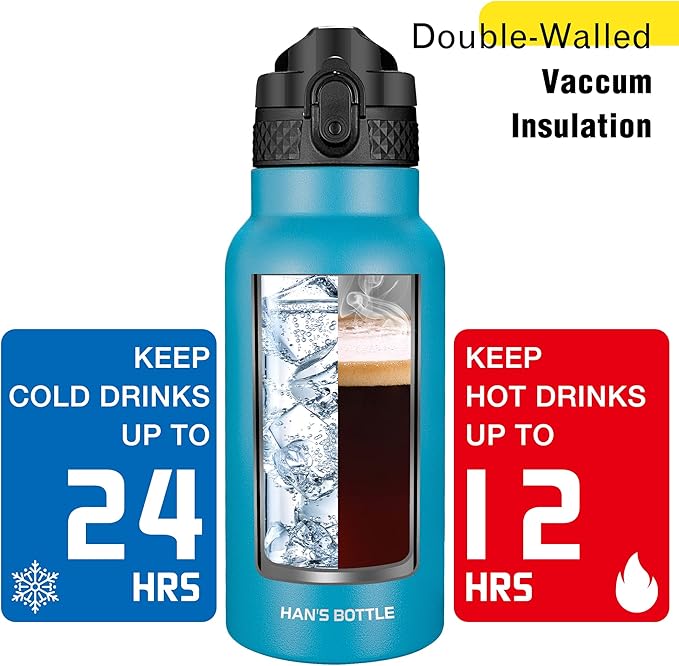 Han's Bottle Kids Water Bottle with Straw Lid - Insulated Stainless Steel Reusable Tumbler for Girls,Boys,Thermo Mug,17oz,Ocean