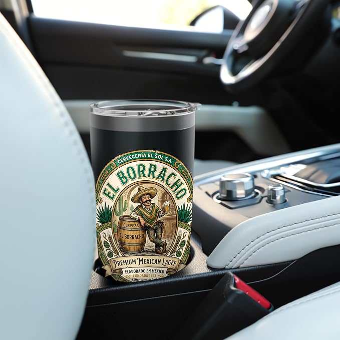 El Borracho The Drunk Mexican Cerveza Retro Beer Label Stainless Steel Insulated Tumbler
