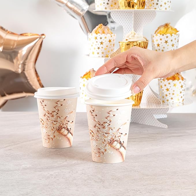 Restaurantware-Restpresso 12 Ounce New Year’s Eve Party Cups, 400 Hot Cups With Plastic Lids - Rolled Rim, Single Wall, Disposable Paper Coffee Cups, Sustainable, Serve Hot And Cold Drinks